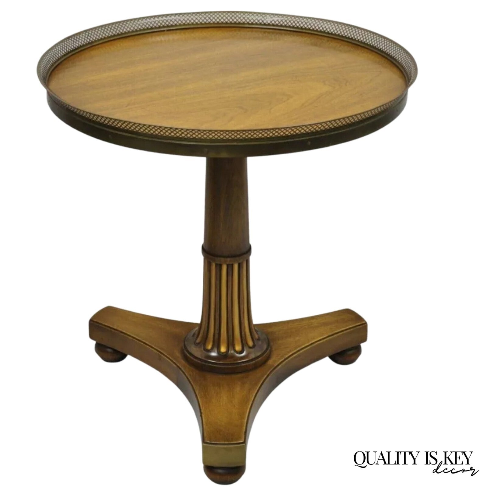 Vintage French Empire Mahogany Pedestal Base Round Brass Gallery Center Table