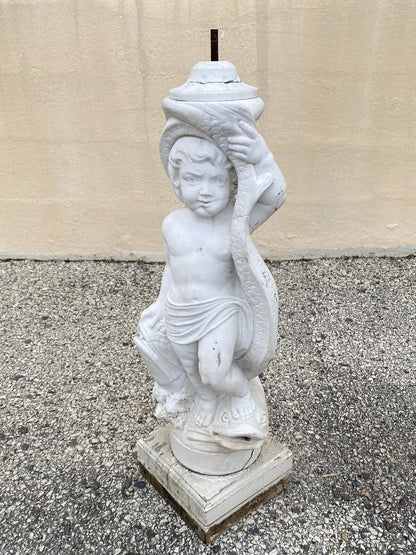 Italian Classical Carved Marble 31" Cherub Dolphin Garden Fountain Statue