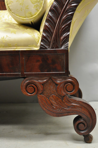 Antique American Empire Neoclassical Carved Mahogany Sofa with Gold Fabric