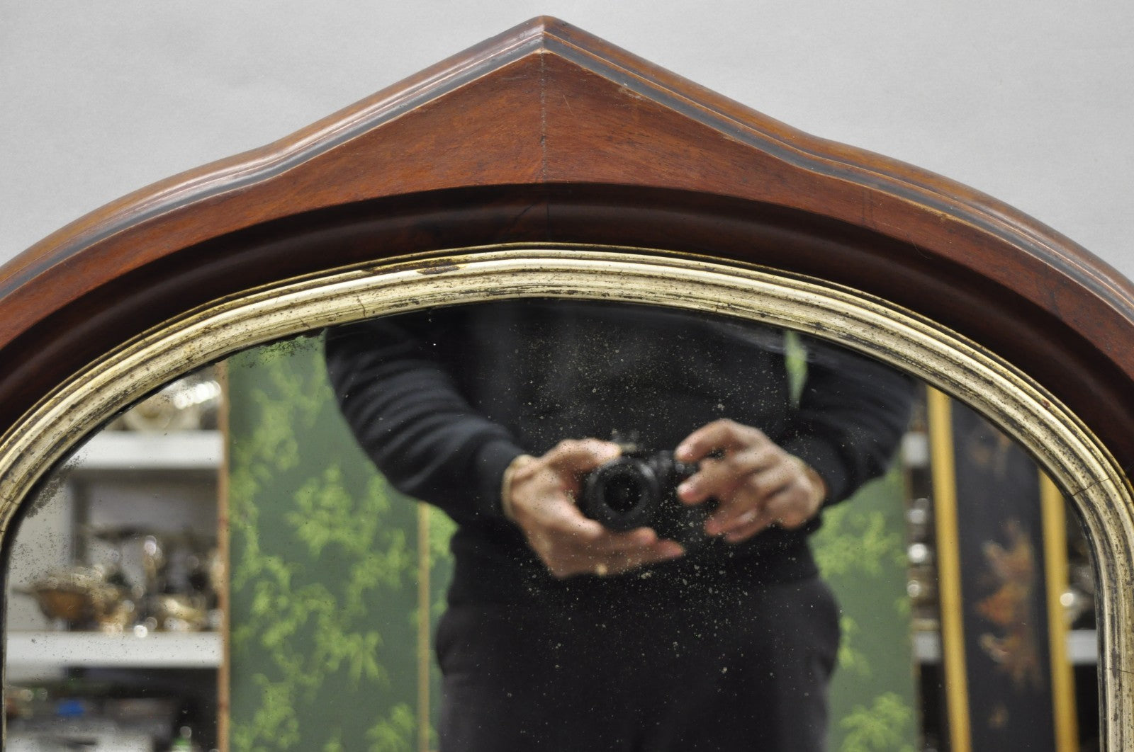 Antique American Empire Arched Mahogany Wood Frame Looking Glass Wall Mirror