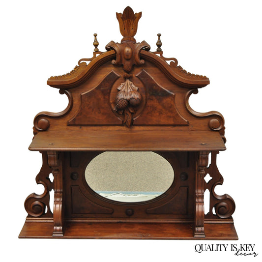 Antique Eastlake Victorian Carved Walnut Oval Mirror Sideboard Backsplash Shelf