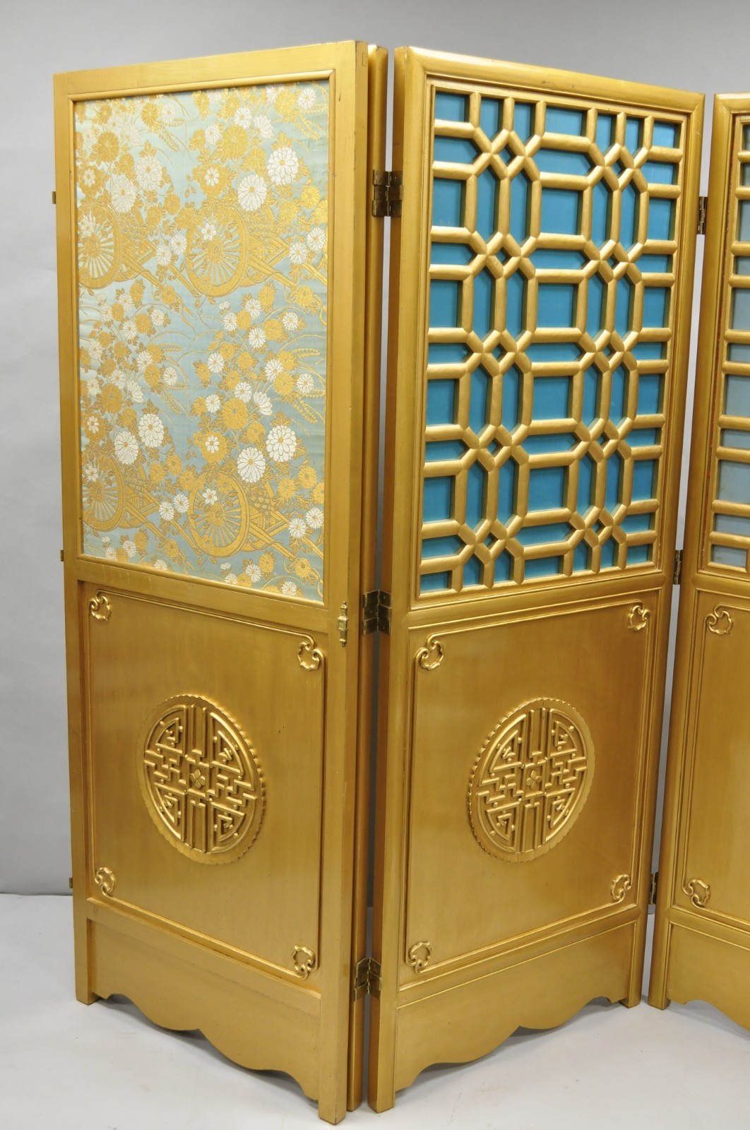 Vintage Chinoiserie Lattice Fretwork 4 Panel Gold Folding Screen Room Divider