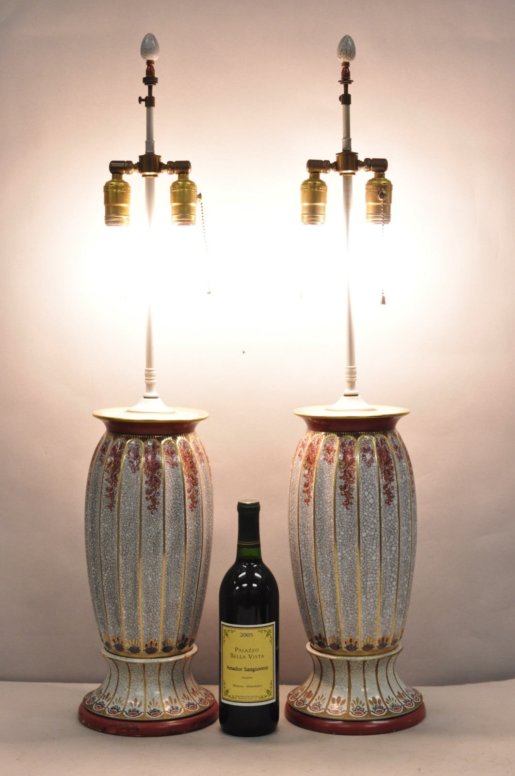 Victorian Red White Floral Painted French Porcelain Jardinière Table Lamps, Pair
