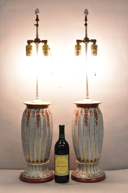 Victorian Red White Floral Painted French Porcelain Jardinière Table Lamps, Pair
