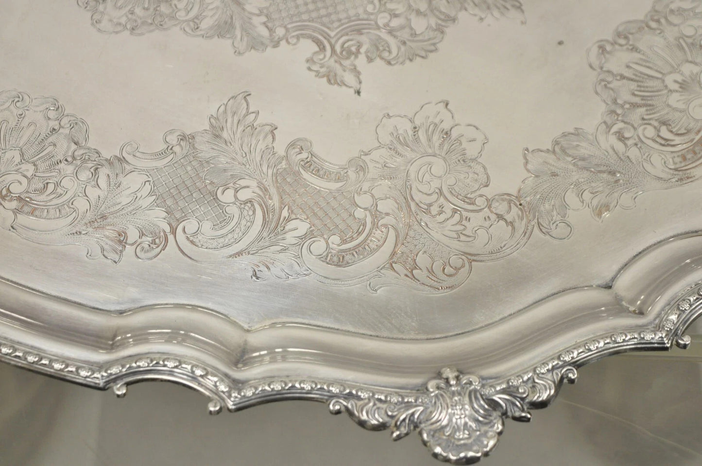 Antique English Victorian Silver Plated Ornate Oval Serving Platter Bar Tray