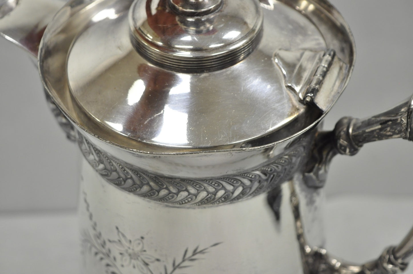 Antique Meriden Victorian Lrg Silver Plated Floral Etched Pitcher, Engraved 1892