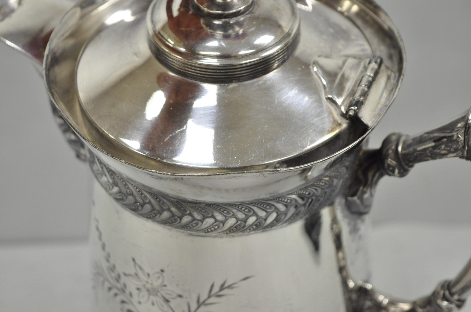Antique Meriden Victorian Lrg Silver Plated Floral Etched Pitcher, Engraved 1892