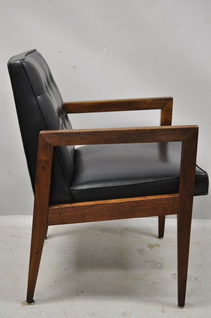 Vintage Mid Century Modern Jens Risom Style Walnut Black Vinyl Lounge Arm Chair