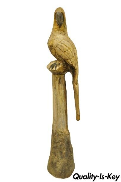 Large 46" Vintage Carved Wood Perched Parrot Bird Statue Sculpture