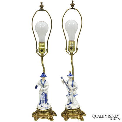 Vintage Chinoiserie Small Figural Porcelain Blue White Oriental Table Lamp Pair