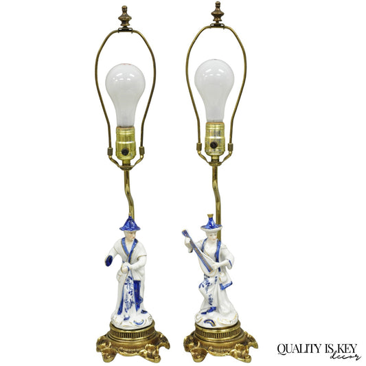 Vintage Chinoiserie Small Figural Porcelain Blue White Oriental Table Lamp Pair