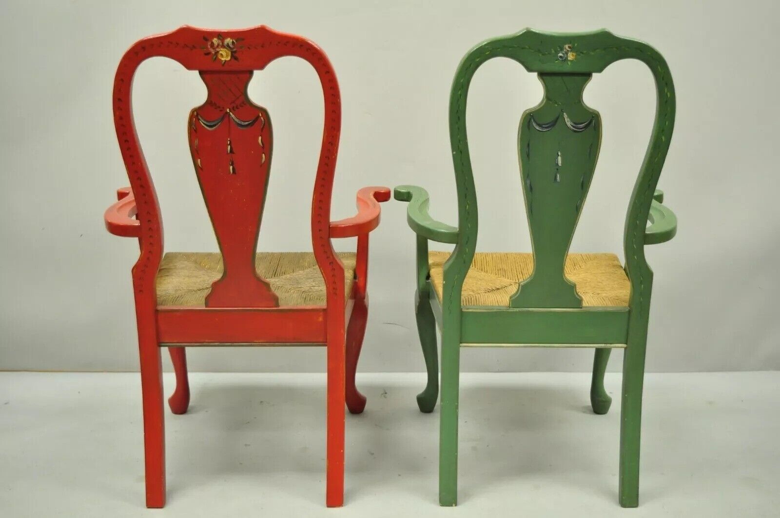 Vintage Queen Anne Style Green and Red Painted Rush Seat Arm Chairs - a Pair