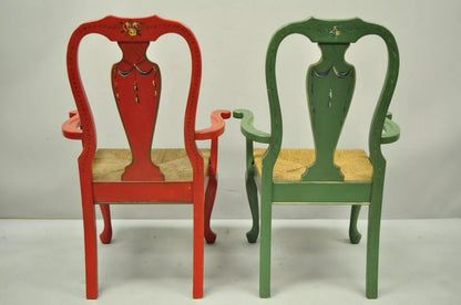 Vintage Queen Anne Style Green and Red Painted Rush Seat Arm Chairs - a Pair