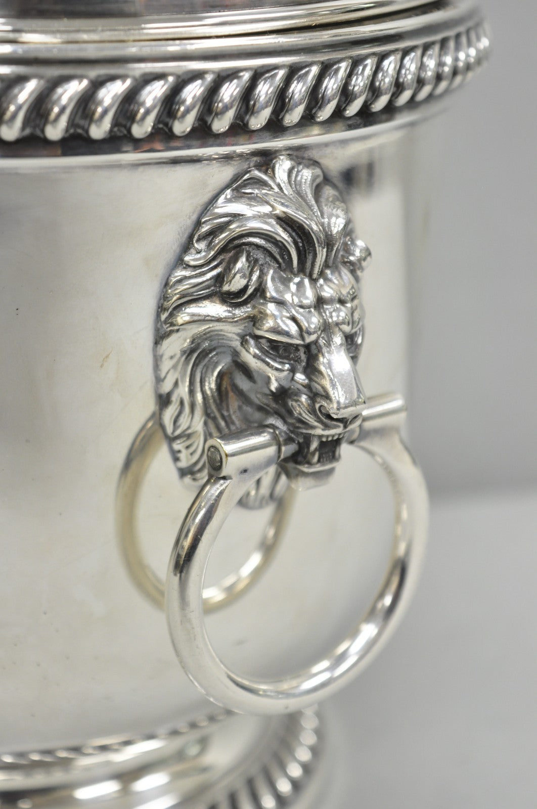 Antique English Regency Lion Head Silver Plated Covered Bar Ice Bucket