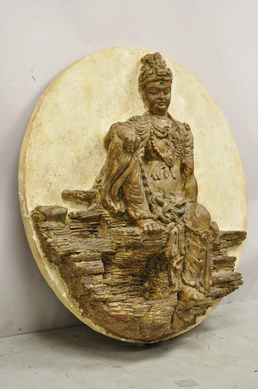 Vintage 43" Fiberglass Kuan Shih Yin Buddha Relief Round Wall Art Sculpture