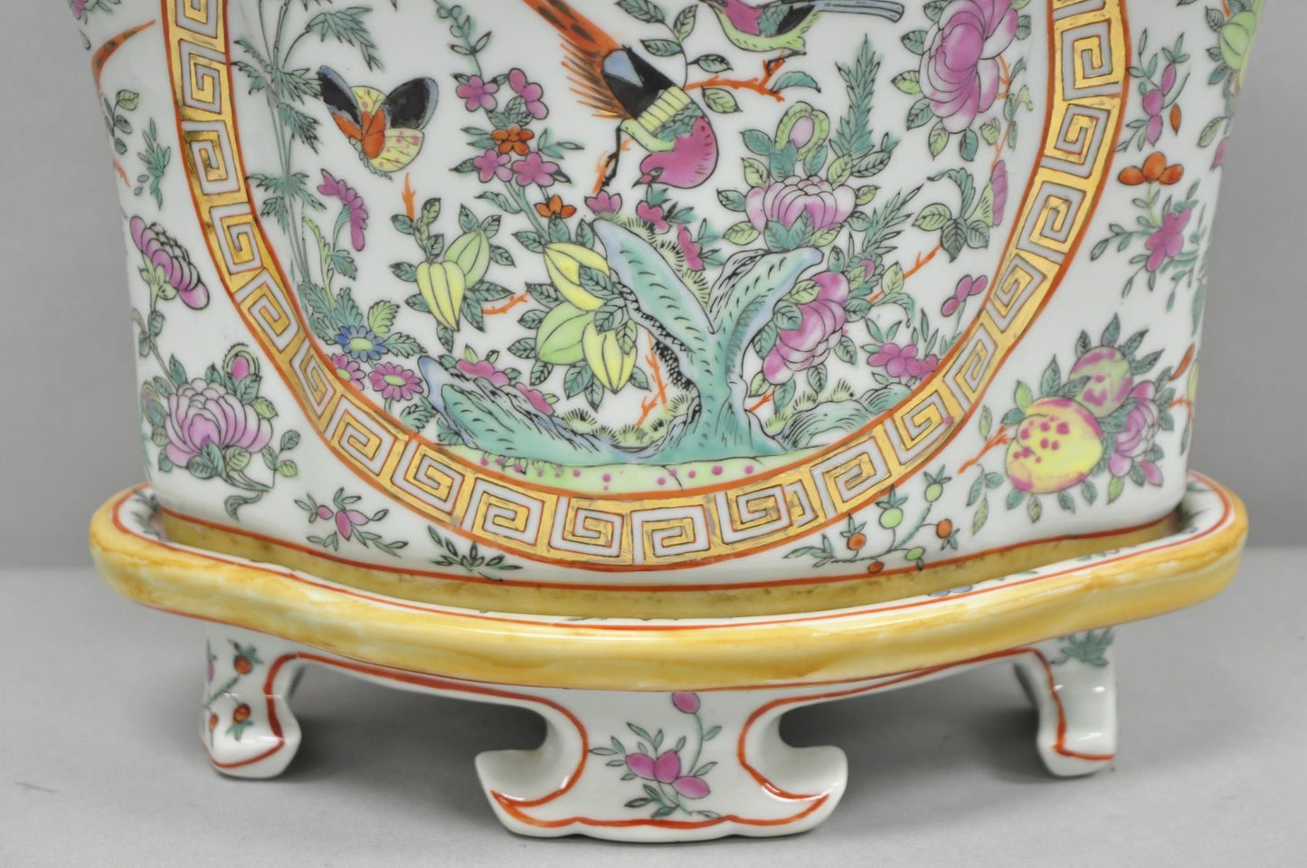 Vintage Chinese Export Porcelain Bird Painted Cachepot Flower Pot Vase