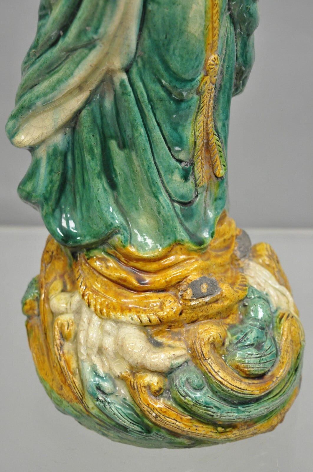 Antique Chinese Green Sancai Glazed Pottery 21" Guanyin Sculpture Figure