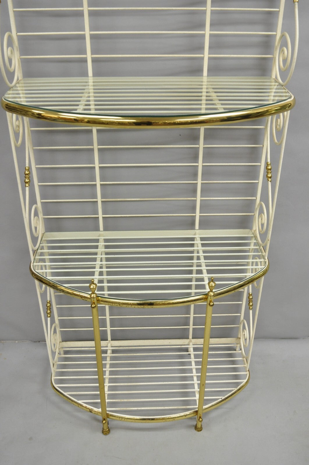 Vintage French Country White Wrought Iron & Brass 3 Tier Pastry Bakers Rack
