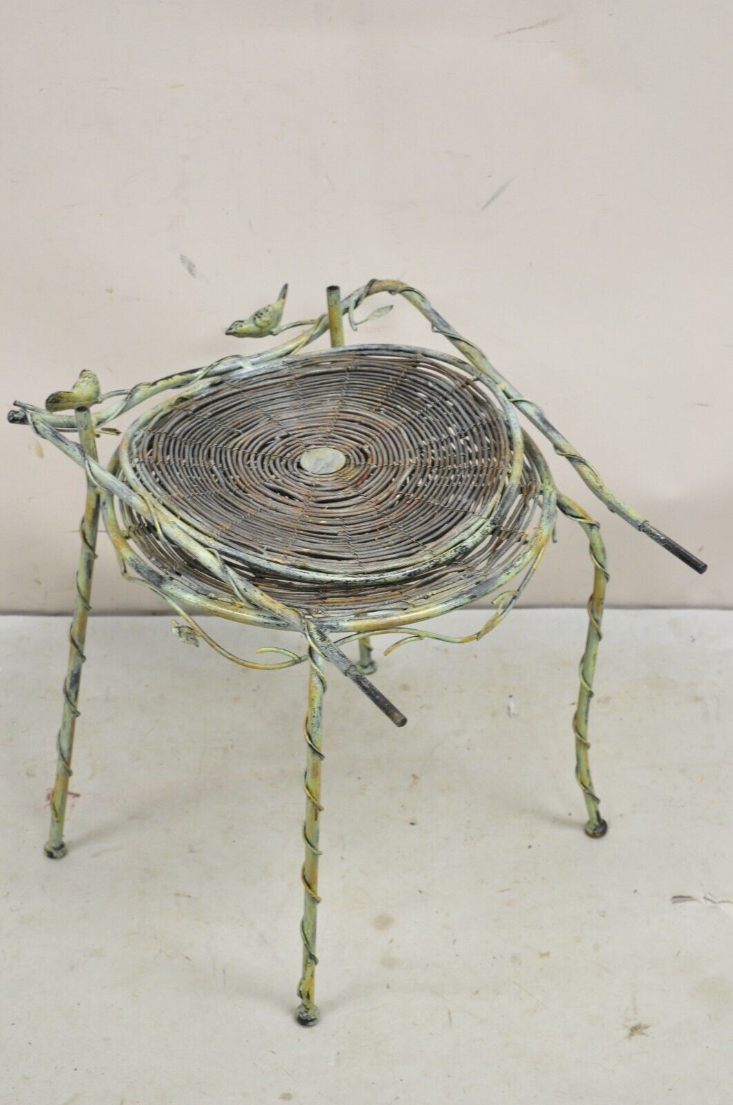 French Country Style Iron and Wood Reed Green Bistro Side Chair with Birds