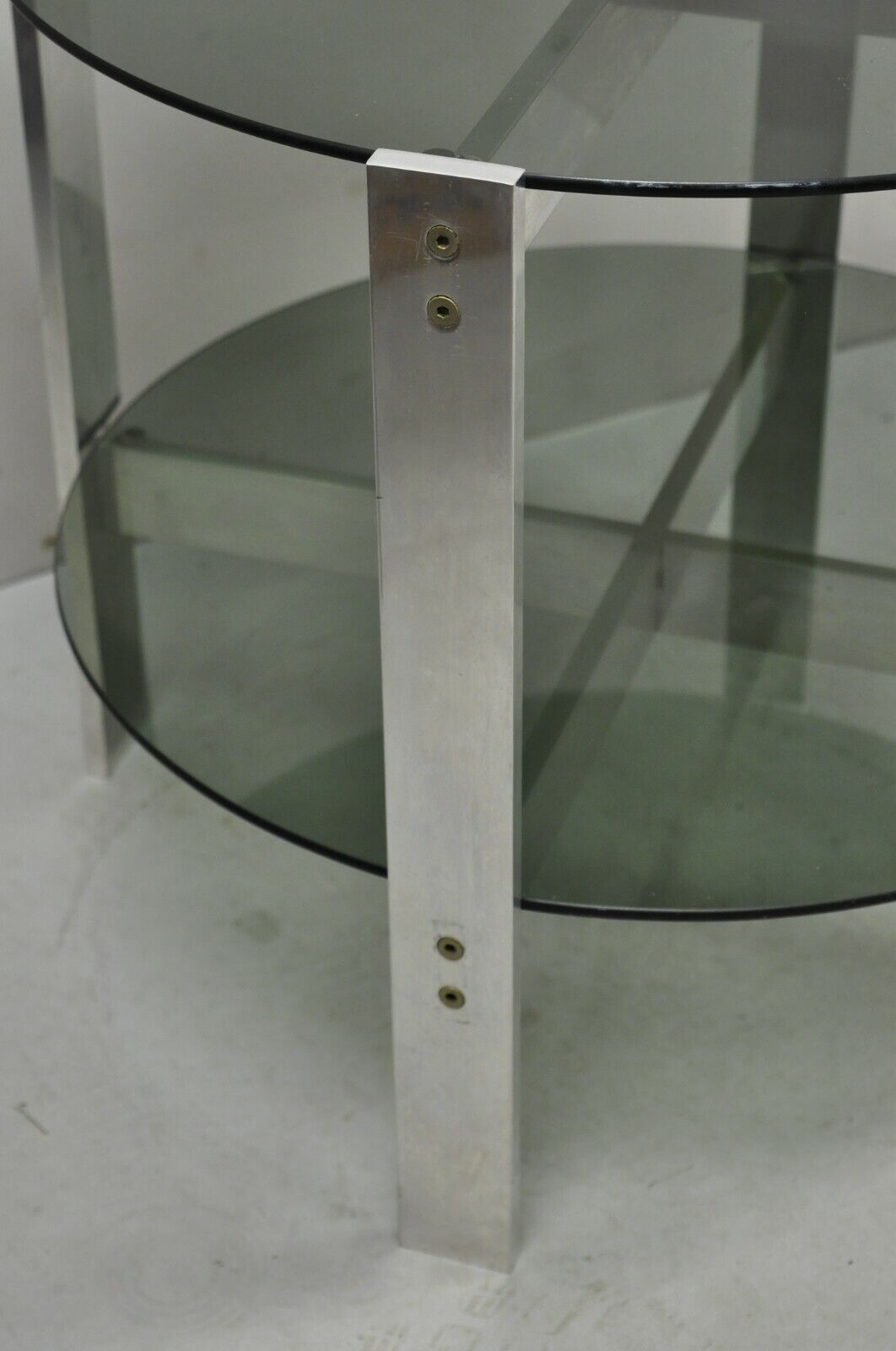 Vintage Mid Century Modern Round Smoked Glass 2 Tier Aluminum Base Side Table