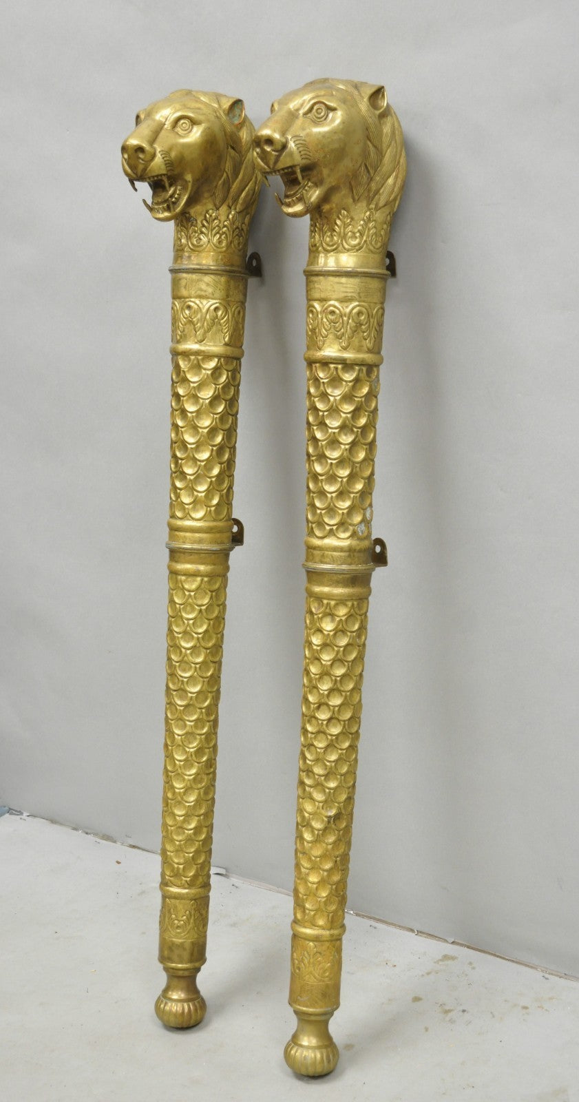 Vintage Italian Regency Neoclassical Large Brass Lion Sconce Door Handles Pair