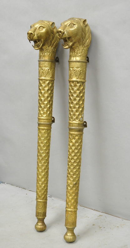 Vintage Italian Regency Neoclassical Large Brass Lion Sconce Door Handles Pair