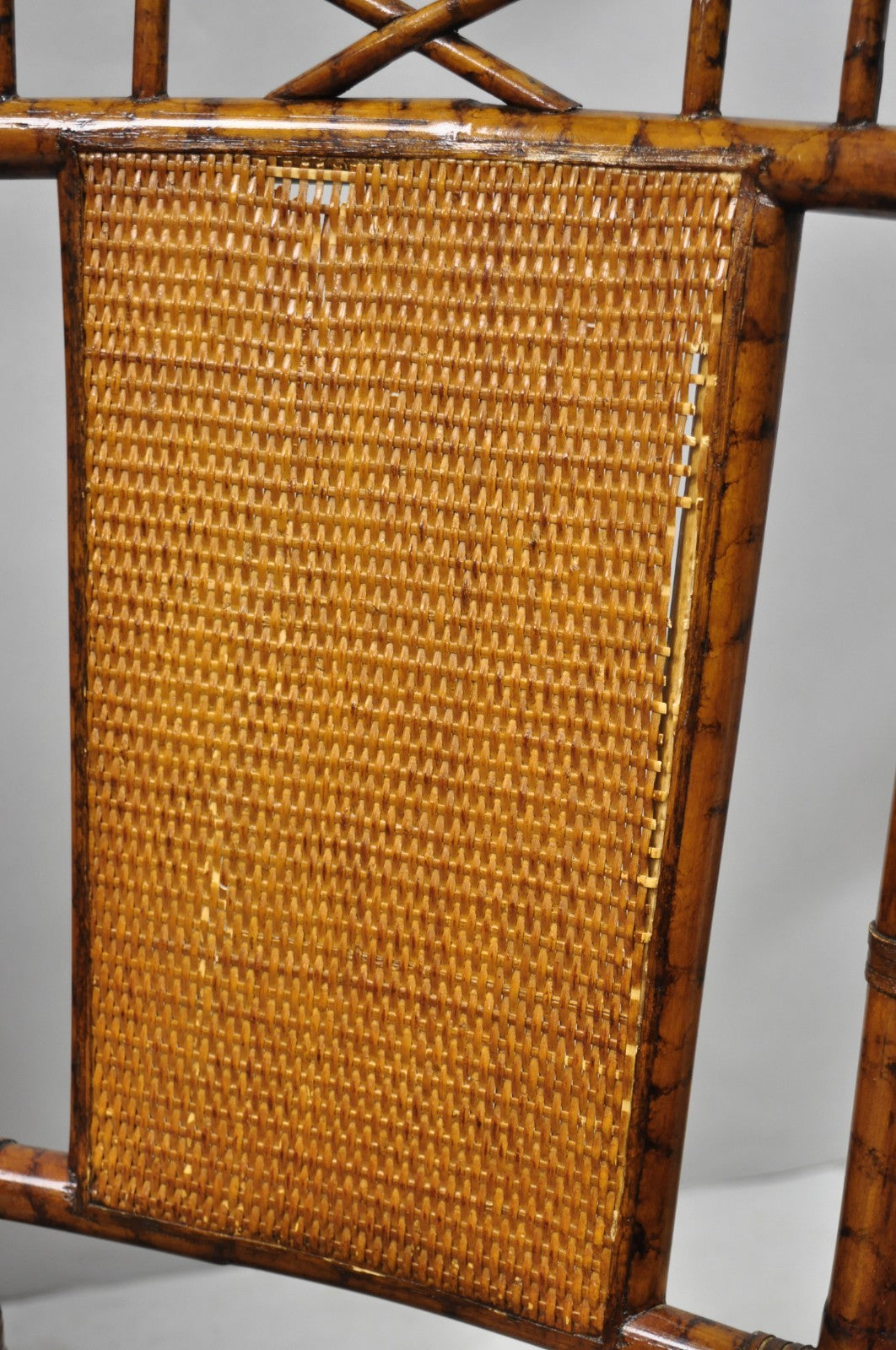 Hollywood Regency British Colonial Burnt Bamboo Cane Dining Chairs - Set of 4