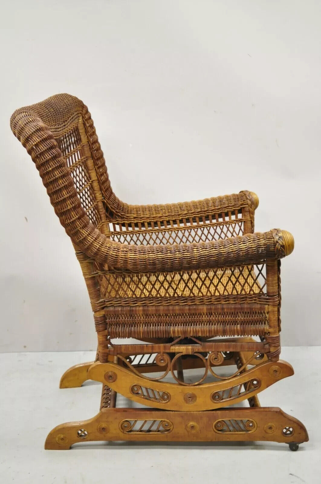 Antique Heywood Wakefield Victorian Woven Wicker Platform Rocker Rocking Chair