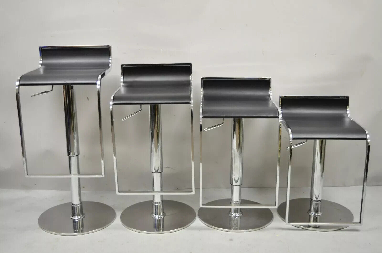Modern Chrome and Steel Black Leather Adjustable Swivel Bar Stools - Set of 4