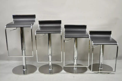 Modern Chrome and Steel Black Leather Adjustable Swivel Bar Stools - Set of 4
