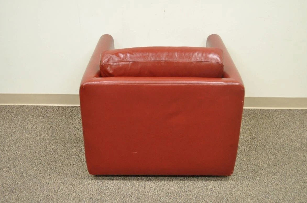 Vintage Mid Century Modern Red Leather Cube Club Lounge Chair on Rolling Casters