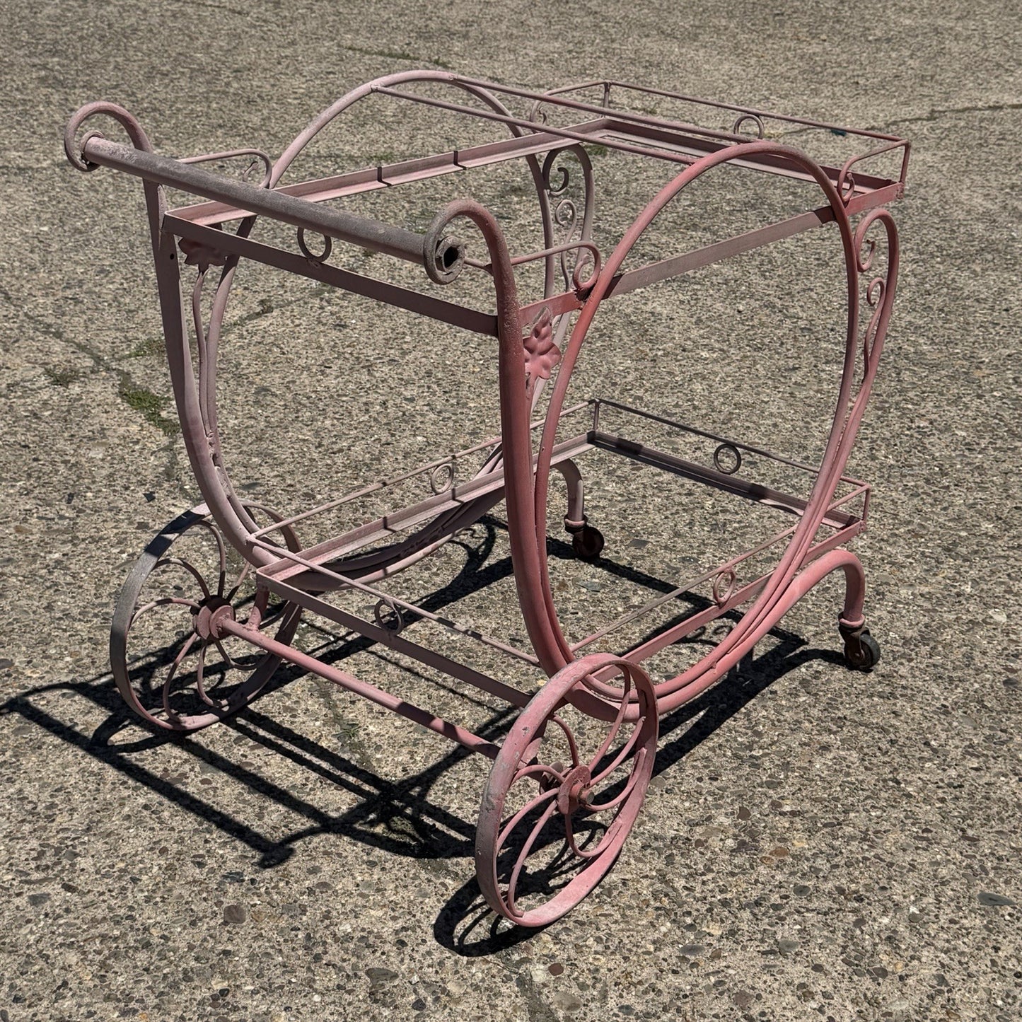 Antique Salterini Mt Vernon Wrought Iron Art Nouveau Pink Serving Bar Tea Cart