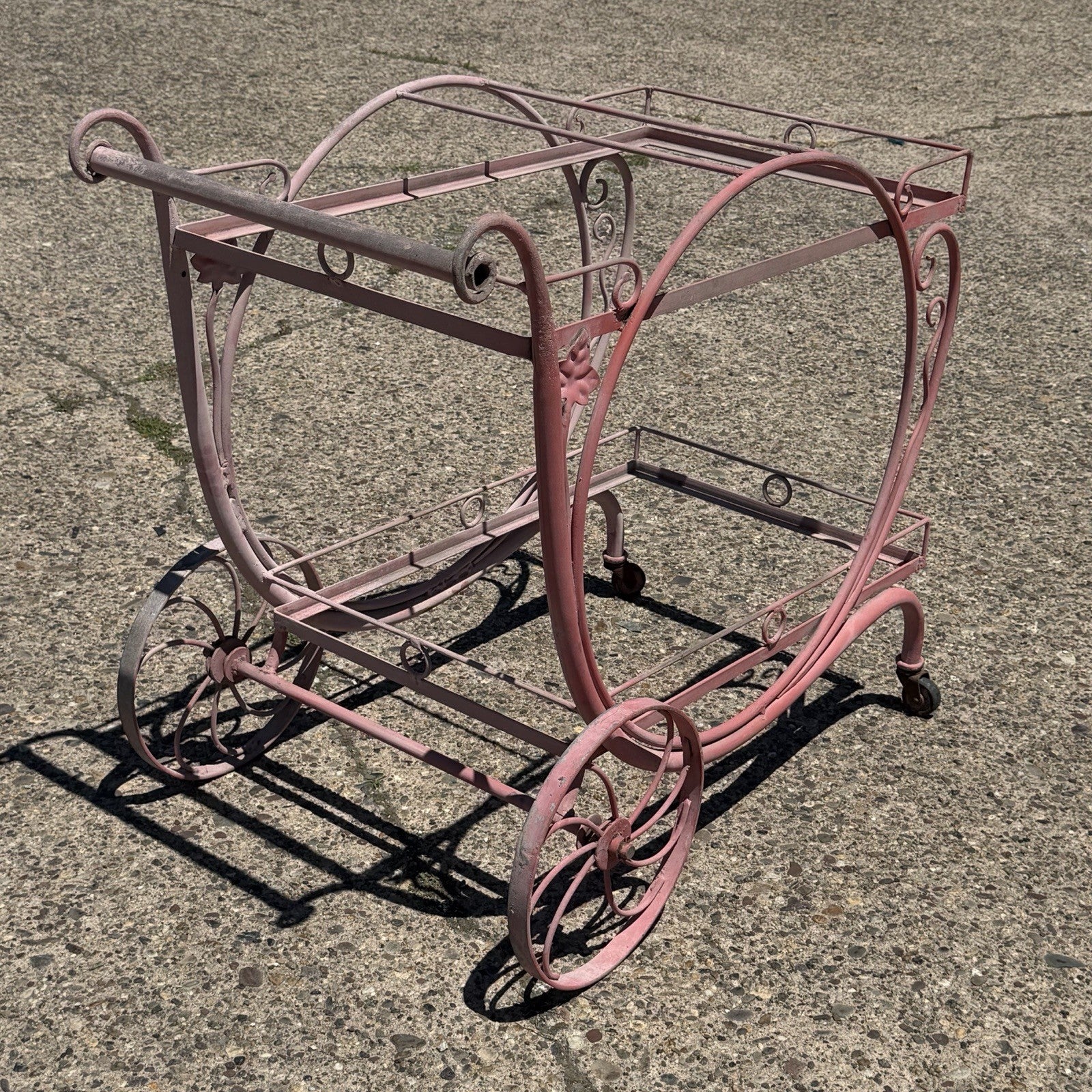 Antique Salterini Mt Vernon Wrought Iron Art Nouveau Pink Serving Bar Tea Cart