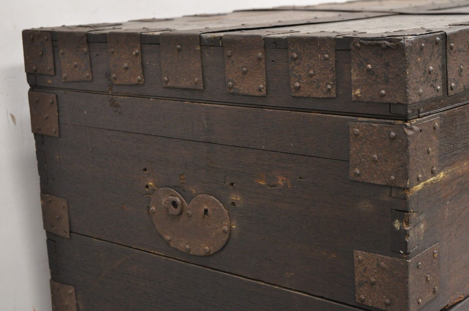 19th C. English Oak Wood and Steel Banded Safe Storage Cabinet Chest Trunk