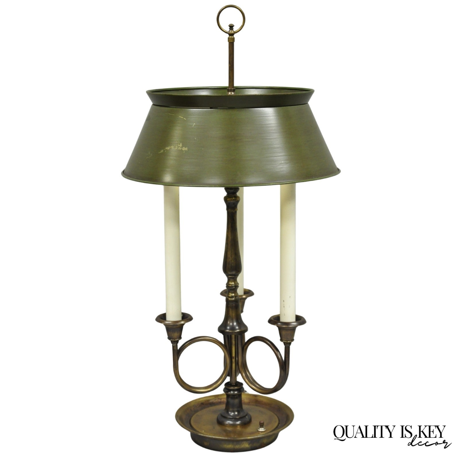Frederick Cooper Brass Bouillotte Trumpet Arm Table Lamp w/ Green Tole Shade