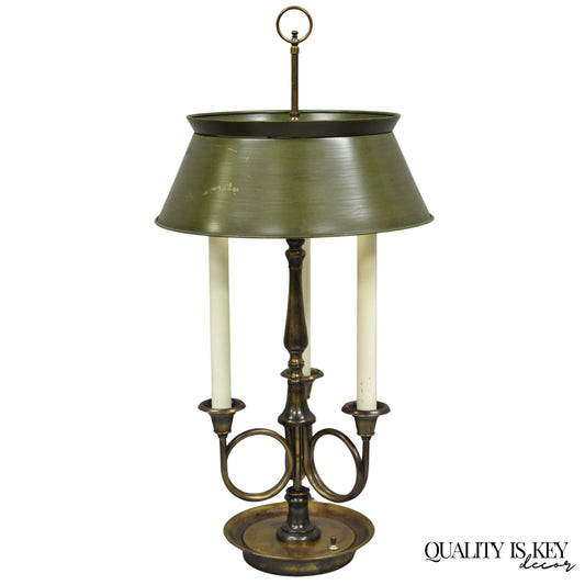 Frederick Cooper Brass Bouillotte Trumpet Arm Table Lamp w/ Green Tole Shade