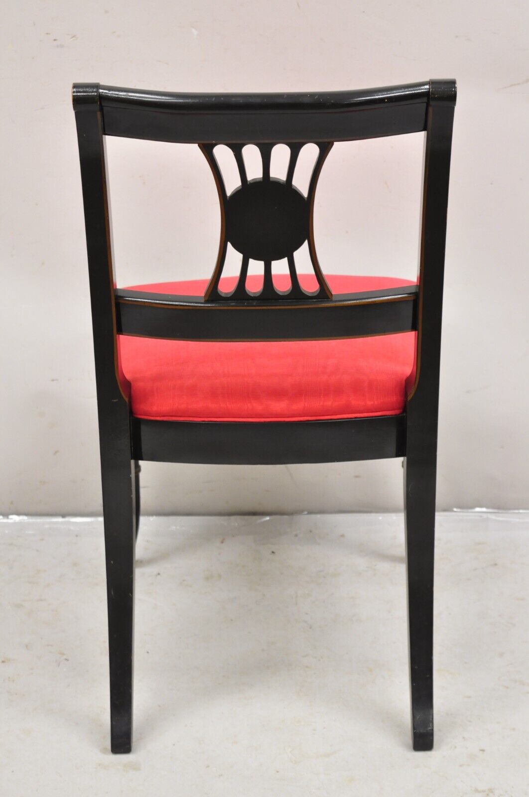 Vintage Chinoiserie English Regency Style Black Painted Dining Chairs - Set of 6