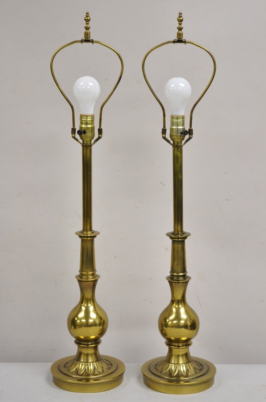 Vintage Stiffel Hollywood Regency Brass Bulbous Column Table Lamps - a Pair