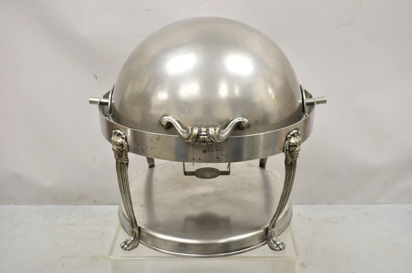 Vintage Regency Silver Plated Steel Round Catering Serving Chafing Dish w/ Lions