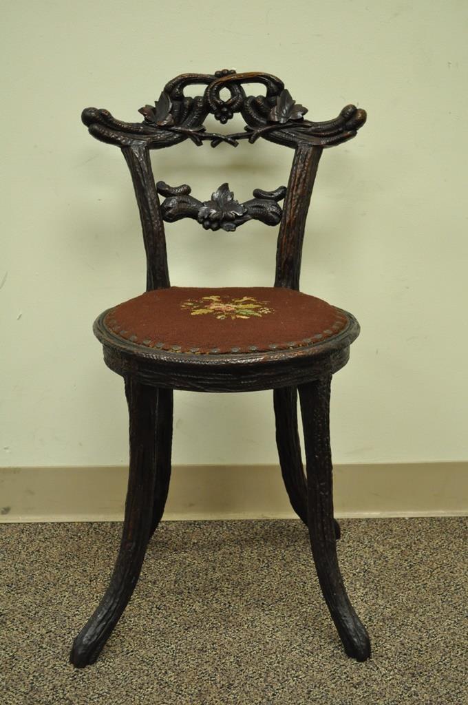 Antique Black Forest Faux Bois Carved Mahogany Twig Branch Side Vanity Chair