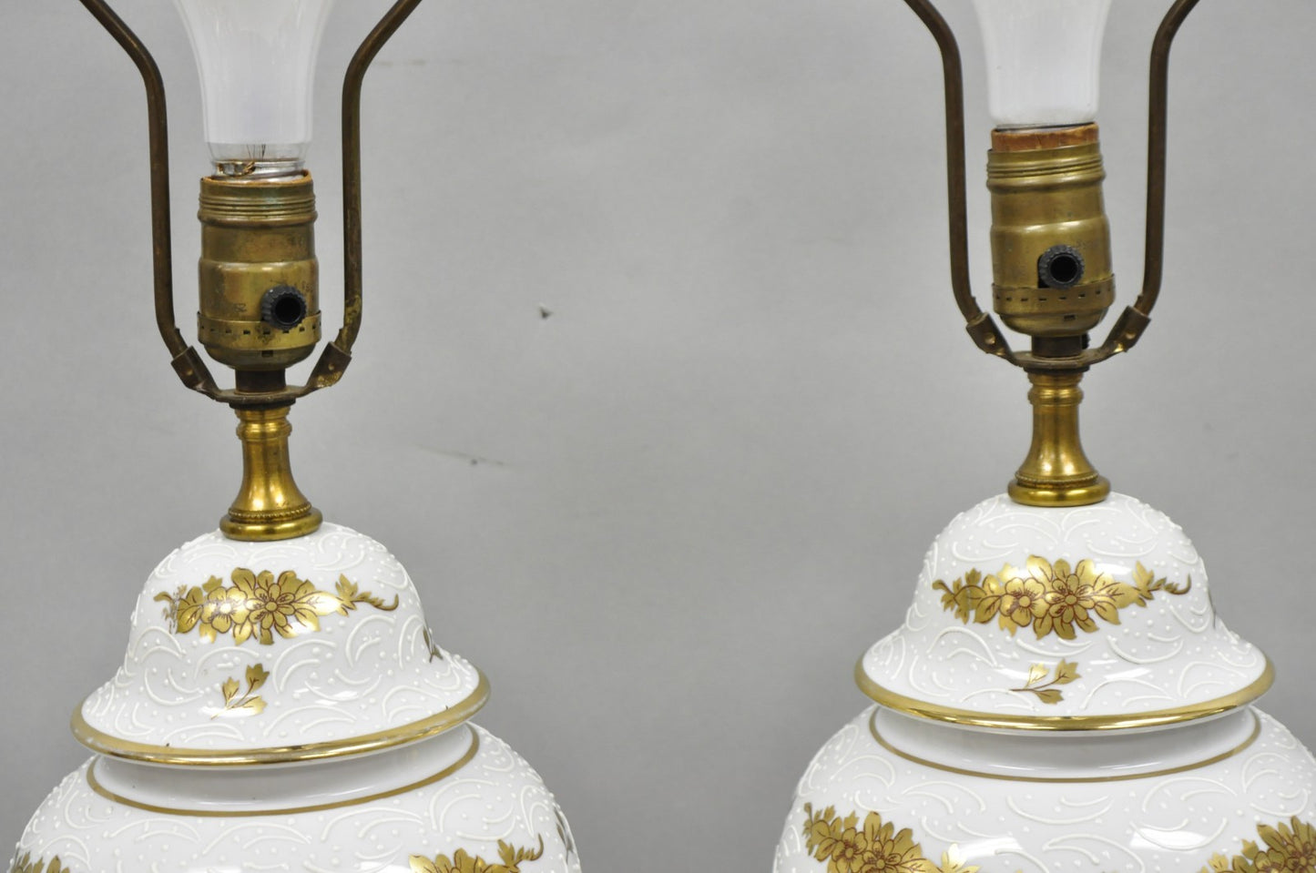 Vintage French Louis XV White Porcelain Ginger Jar Gold Flower Table Lamps Pair