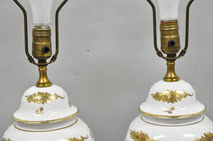Vintage French Louis XV White Porcelain Ginger Jar Gold Flower Table Lamps Pair