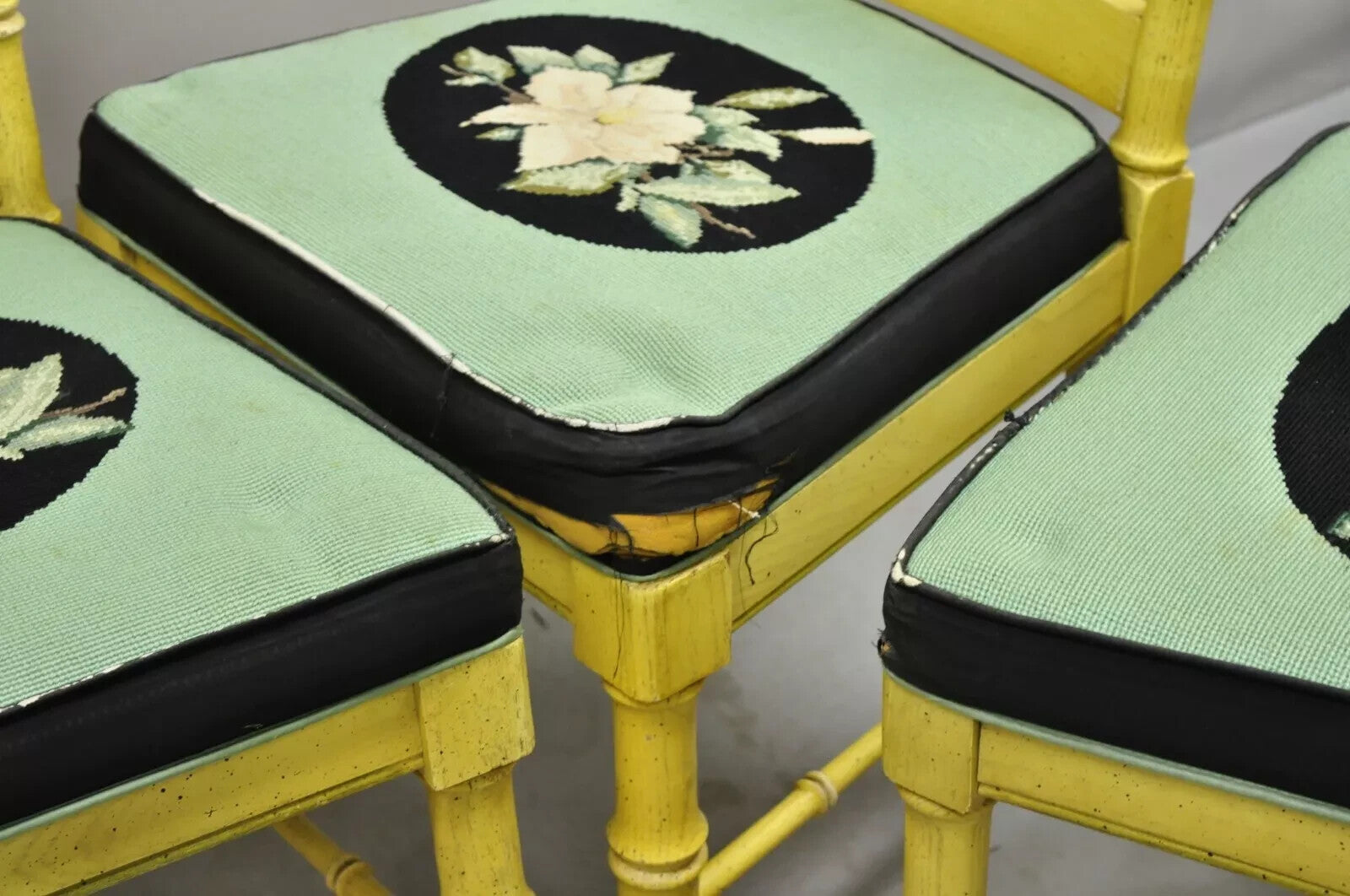 Vintage Thomasville Hollywood Regency Yellow Faux Bamboo Dining Chair - Set of 6