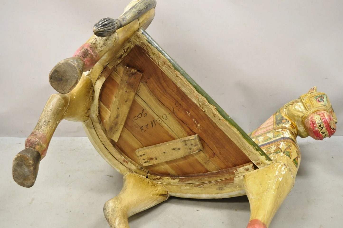 Vintage Figural Primitive Solid Carved Wood Red & Green Horse Bench Seat Chair
