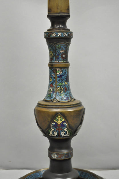 Antique Cloisonne Chinese Patinated Bronze Porcelain Enamel Pole Floor Lamp