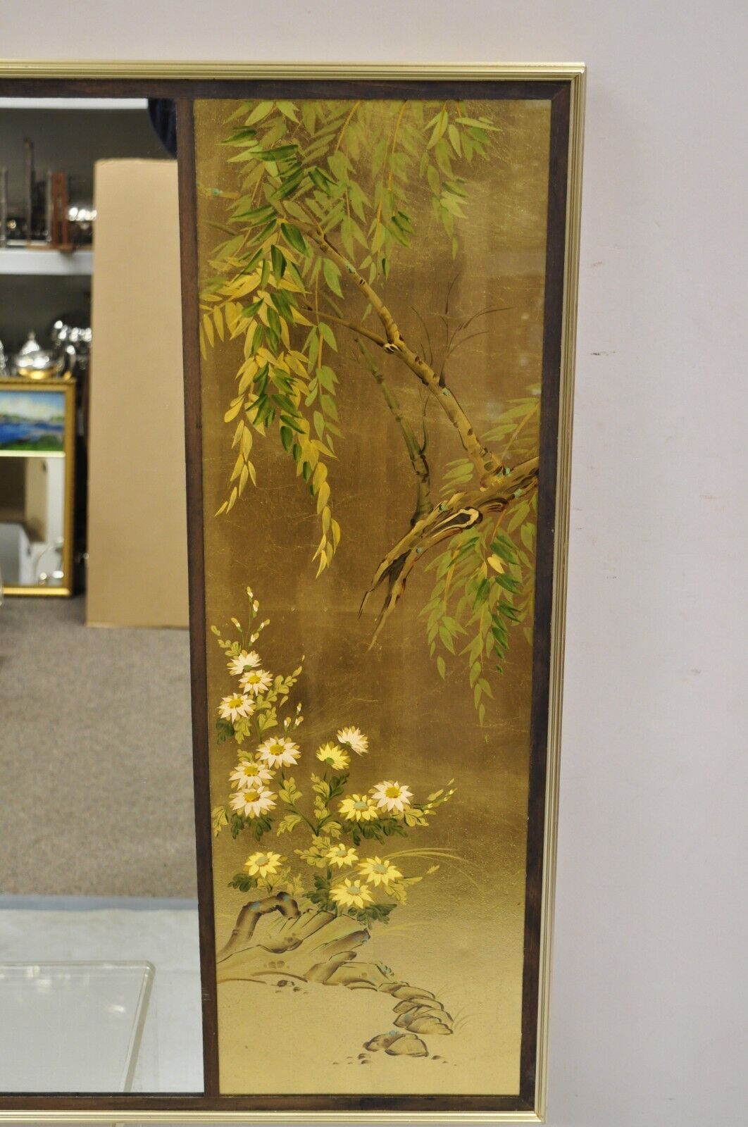 Vintage LaBarge Chinoiserie Floral Gold Gilt Decorated Rectangular Wall Mirror