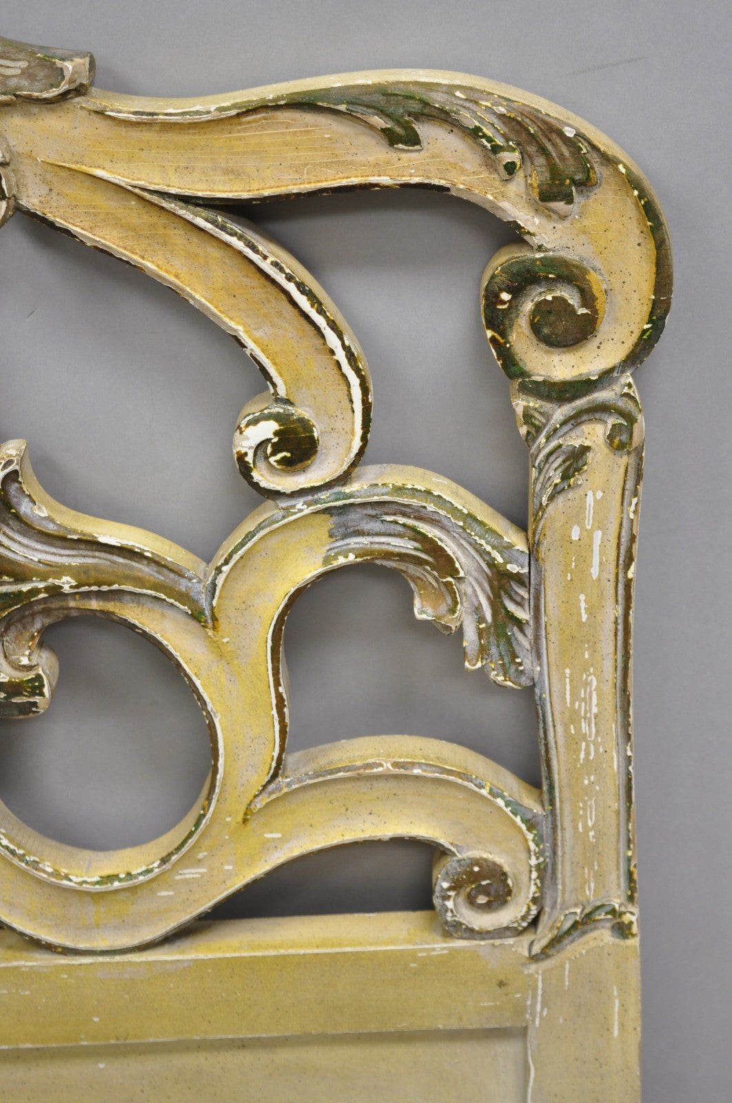Vintage French Rococo Distressed Cream Painted Queen Size Wood Bed Headboard