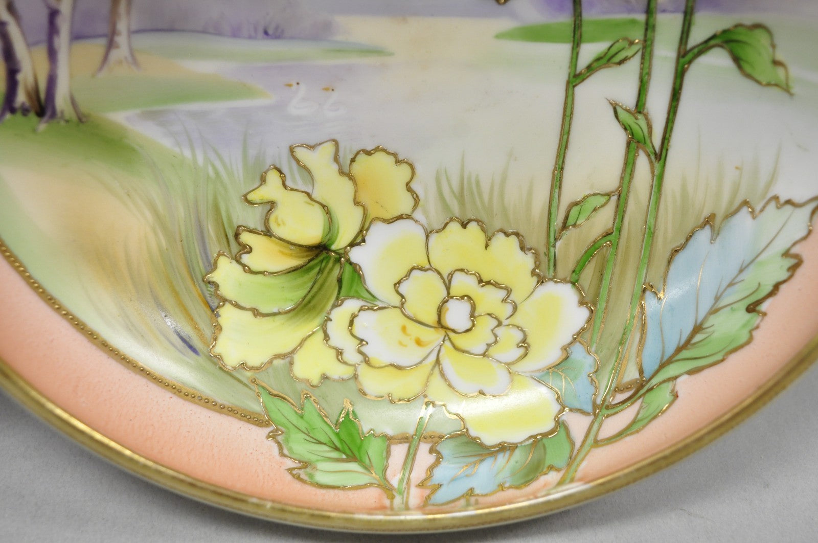 Antique Nippon Morimora Hand Painted Flowers & Ducks Coral Porcelain Bowl (B)