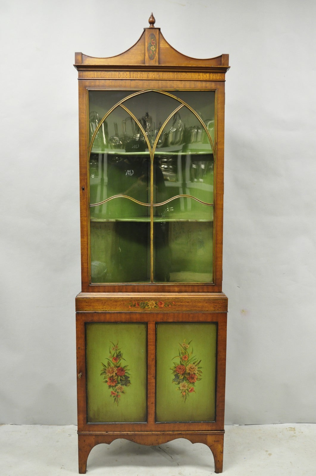 Antique English Adams Style Green Hand Painted Narrow Corner China Cabinet