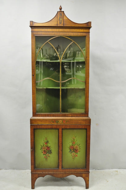 Antique English Adams Style Green Hand Painted Narrow Corner China Cabinet